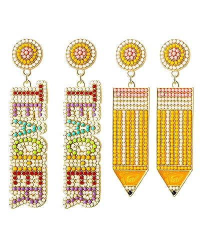 Teacher Gift Earrings for Women Rhinestone Beaded Dangle Drop Pencil FRIYAY Earrings Colorful Teacher Appreciation Gift Back To School Jewelry Set (2 Pair A) | Amazon (US)