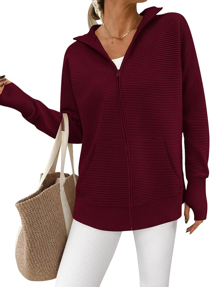 PRETTYGARDEN Womens Fall 2025 Long Sleeve Zip Up Cardigan Sweaters Casual Loose Collared Ribbed K... | Amazon (US)