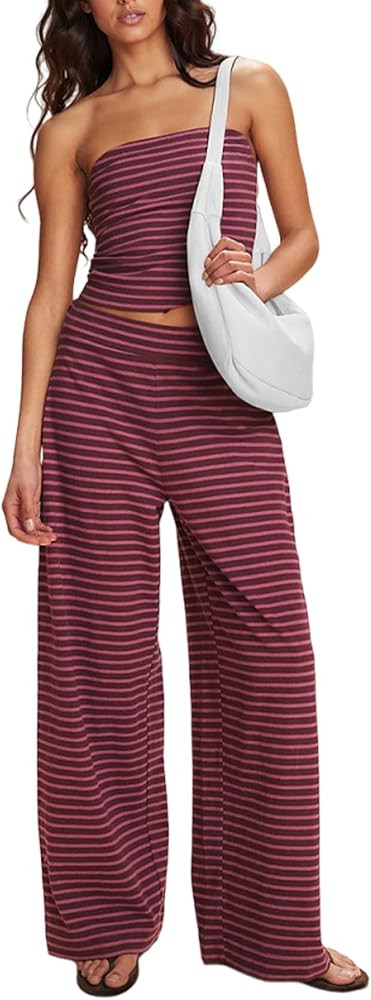 KATCH ME 2 Piece Knit Sets for Women Strapless Crop Tube Tops and Wide Leg Pants Lounge Set for V... | Amazon (US)
