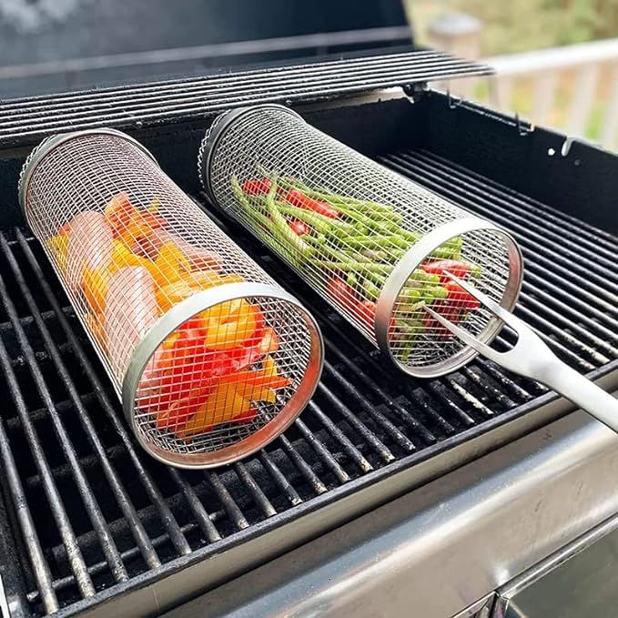 Daioloes BBQ Net Tube 2 Pack, Rolling Grilling Basket 12 Inch, Non-Stick Barbecue Basket Rotisser... | Amazon (US)