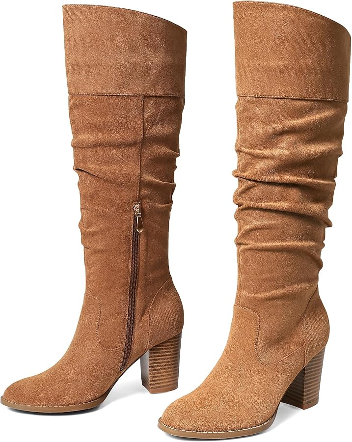 MeiLuSi Women's Slouchy Knee High Boots Suede Fall Boots Round Toe Chunky Heel Boots Warm Winter ... | Amazon (US)