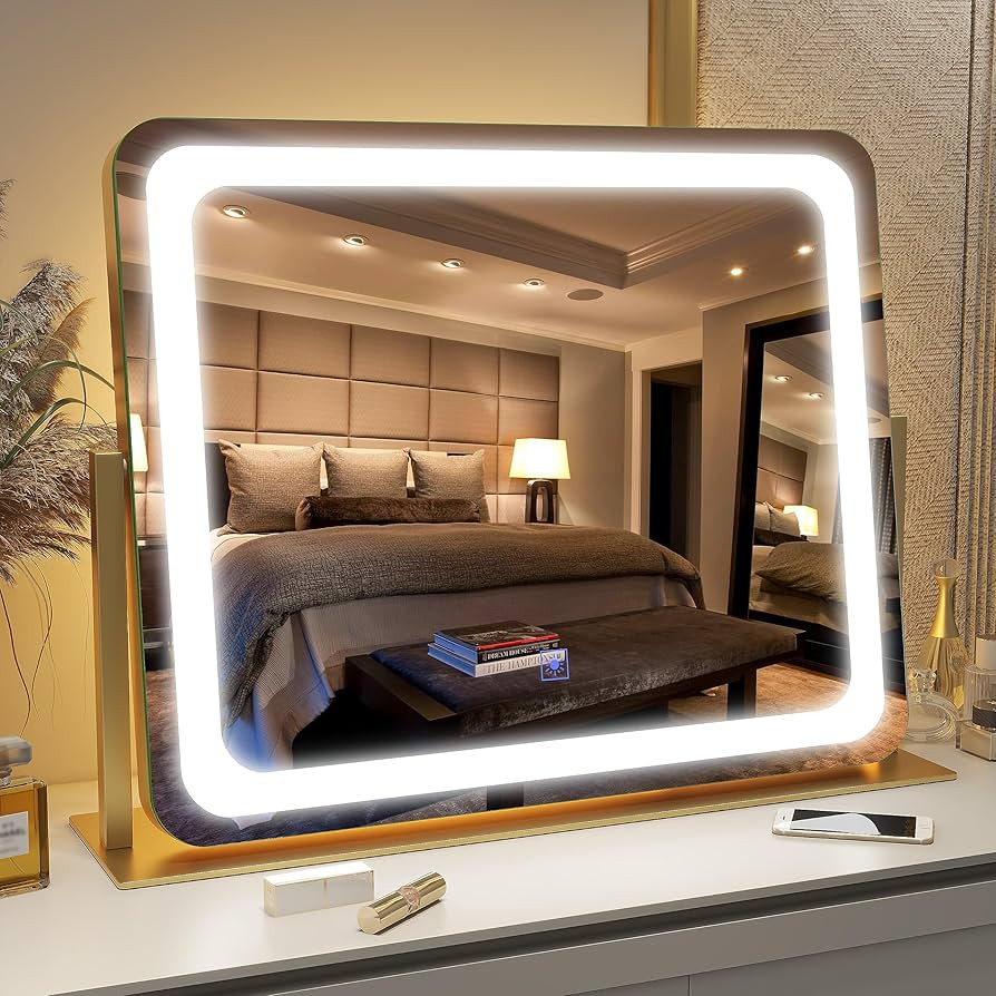 FENNIO Gold Vanity Mirror with Lights 22"x19", LED Lighted Makeup Mirror, Large Makeup Mirror, Ma... | Amazon (US)