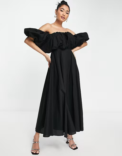 ASOS EDITION - Robe mi-longue bouffante à épaules dénudées en coton - Noir | ASOS (Global)