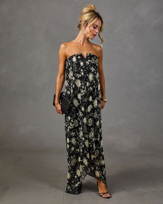 Adrenia Pleated Floral Print Satin Maxi Dress Blue Multi / L | VICI