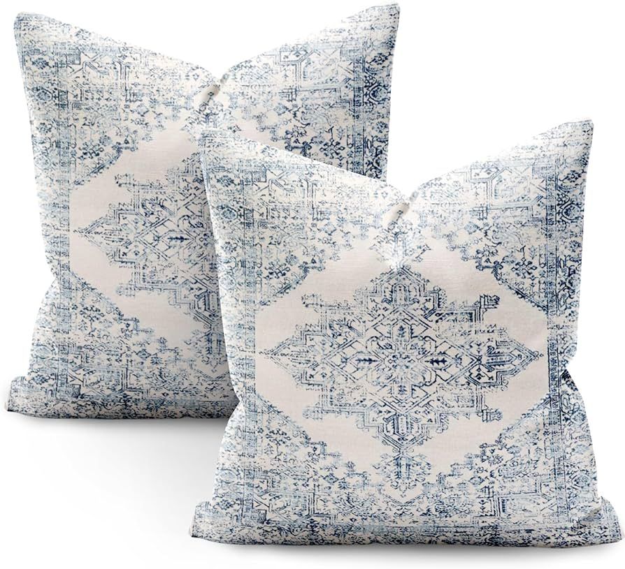 PENUFILO Boho Throw Pillow Covers 18x18 Inch Set of 2, Asian Scenic Blue White Throw Pillows Vint... | Amazon (US)