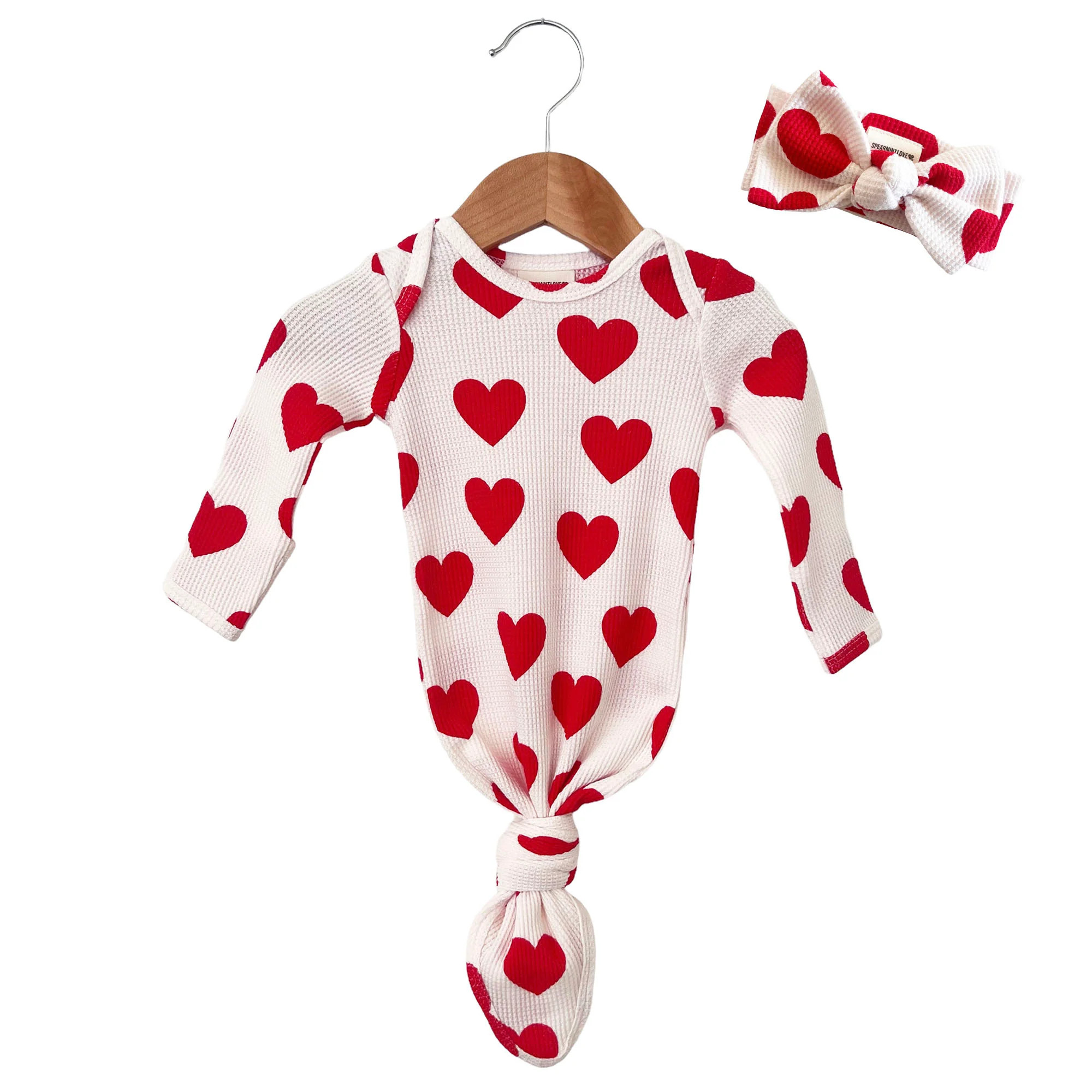 Organic Waffle Knotted Gown & Bow Set, Red Heart | SpearmintLOVE