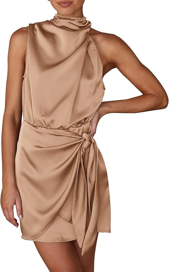 PRETTYGARDEN Womens Mock Neck Tie Waist Cocktail Party Dress | Amazon (US)
