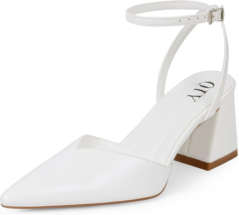 QIY Closed Toe Heels for Women Ankle Strap Pointed Toe Slingback Chunky Low Heels Womens Pumps We... | Amazon (US)