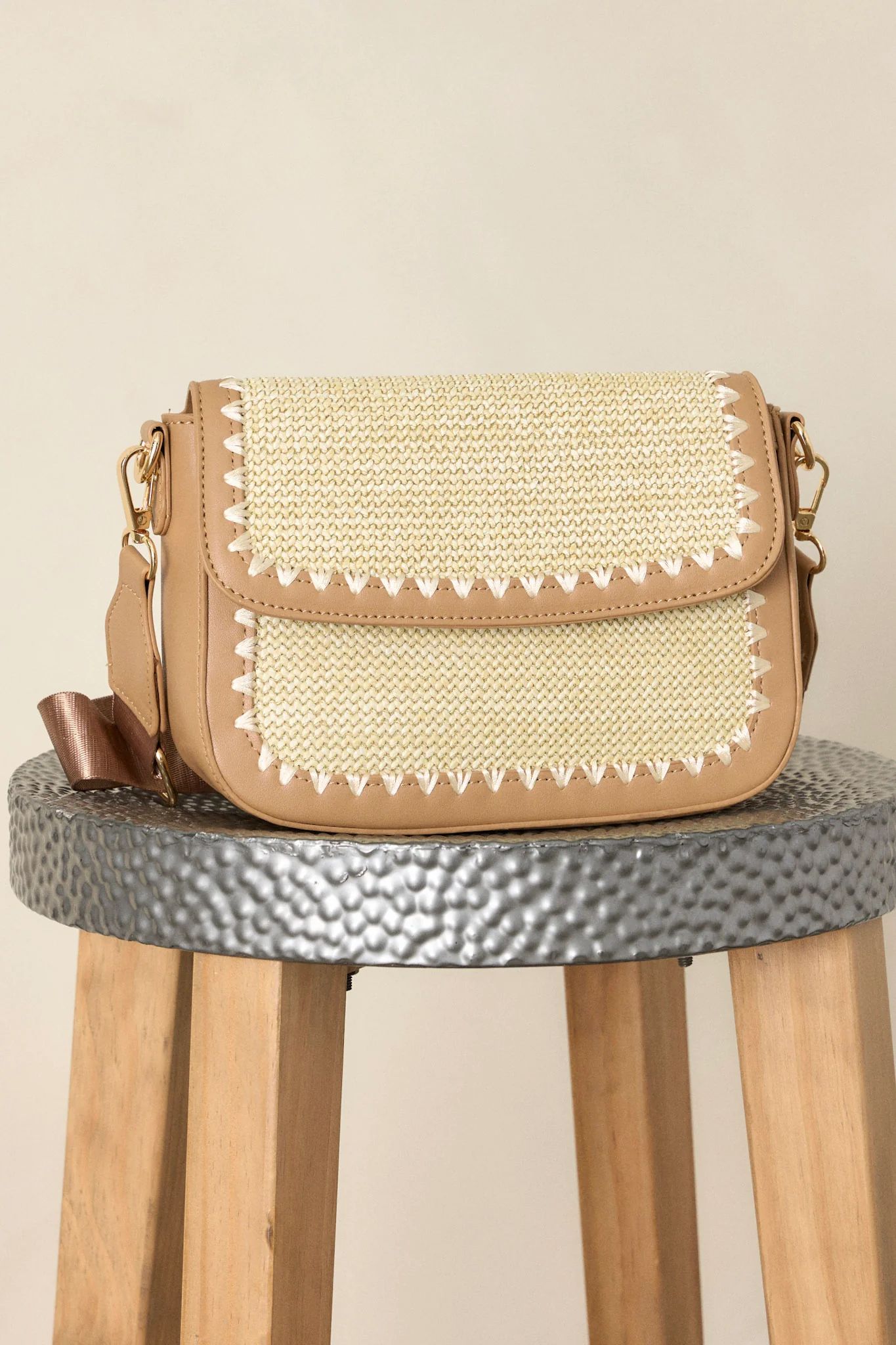 Golden Horizon Natural Woven Tan Handbag | Red Dress