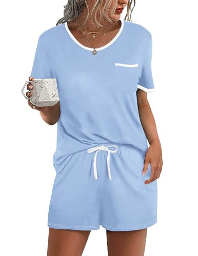 Ekouaer Pajama Set for Women 2 Piece Lounge Set Short Sleeve Tops and Shorts Soft Sleepwear, Chest Pocket Light Blue | Amazon (US)