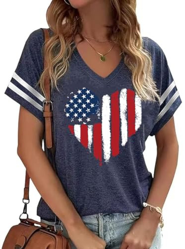 American Flag Shirts Women 4th of July V-Neck Short Sleeve Patriotic T-Shirt Memorial Day Graphic... | Amazon (US)