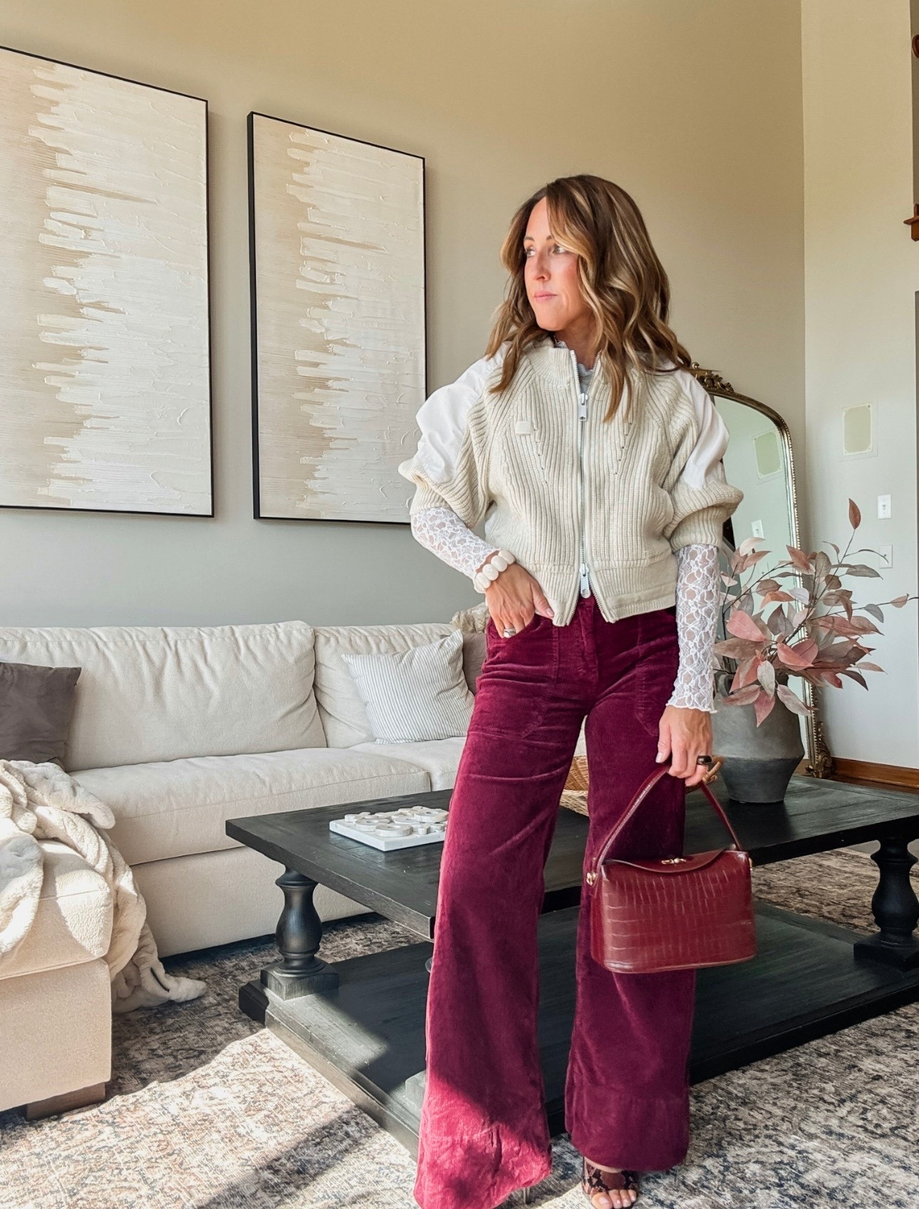 A fun way to style this zip sweater. Layer some lace underneath. @Anthropologie #anthropartner
XS sweater 
Pants tts in the petite.
