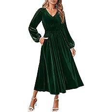 ZESICA Women's Velvet Midi Dress 2025 Casual V Neck Long Sleeve Solid Color Elastic High Waist Fl... | Amazon (US)