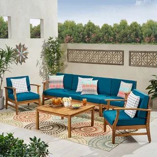 Perla Acacia Wood 7-piece Outdoor Chat Set by Christopher Knight Home - Teak + Cream | Bed Bath & Beyond