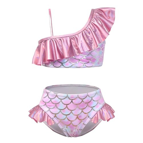 Girls Bathing Suits One Shoulder Metallic Pink Mermaid Swimsuits Kids Bikini Beach Swimming Clothes Size 8 9 | Amazon (US)