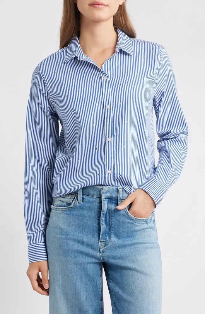 Lynden Embellished Stripe Cotton Blend Button-Up Shirt | Nordstrom