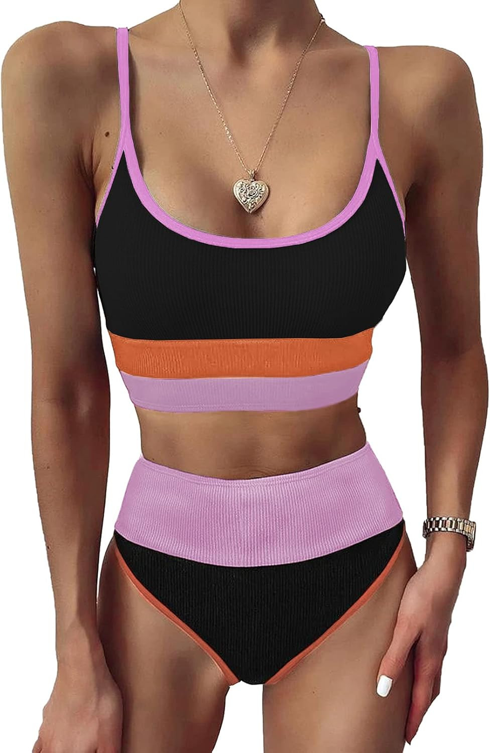 Herseas Women High Waist Bikini Set Color Block Striped Knit Ribbed Two Piece Swimsuits | Amazon (US)
