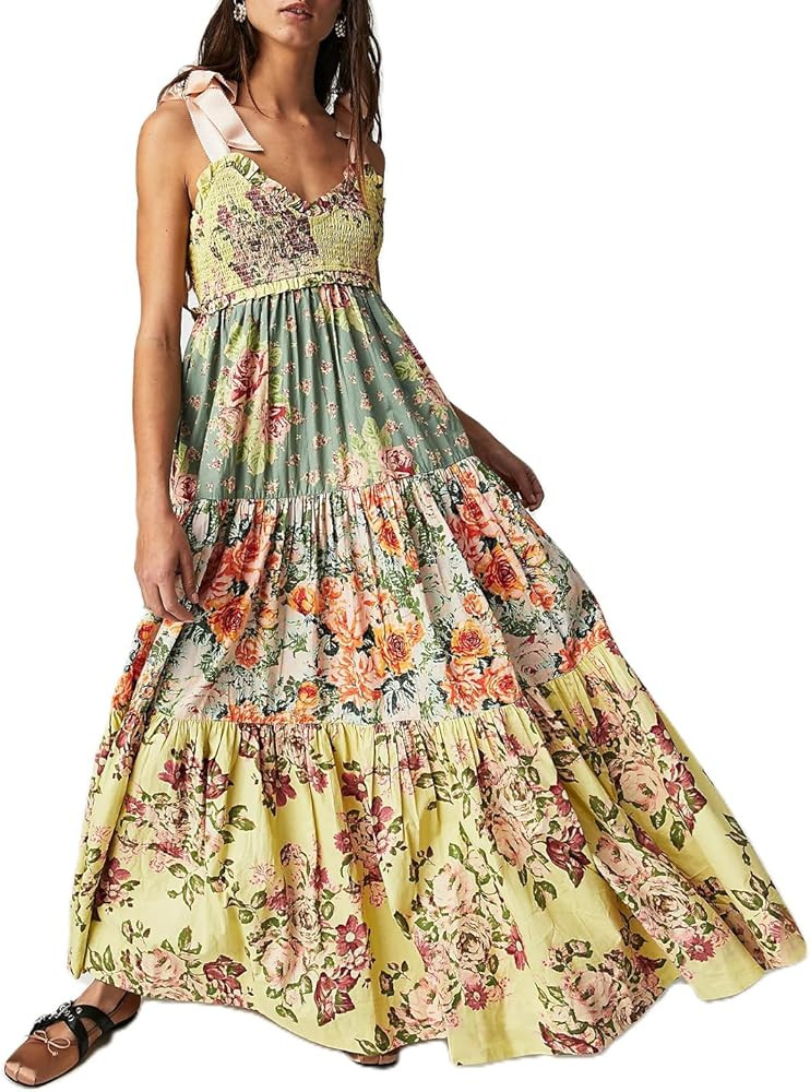 Women Summer Boho Dress Flowy Sundress Floral Printing Sleeveless Tie Shoulder Maxi Dress Y2k Bea... | Amazon (CA)