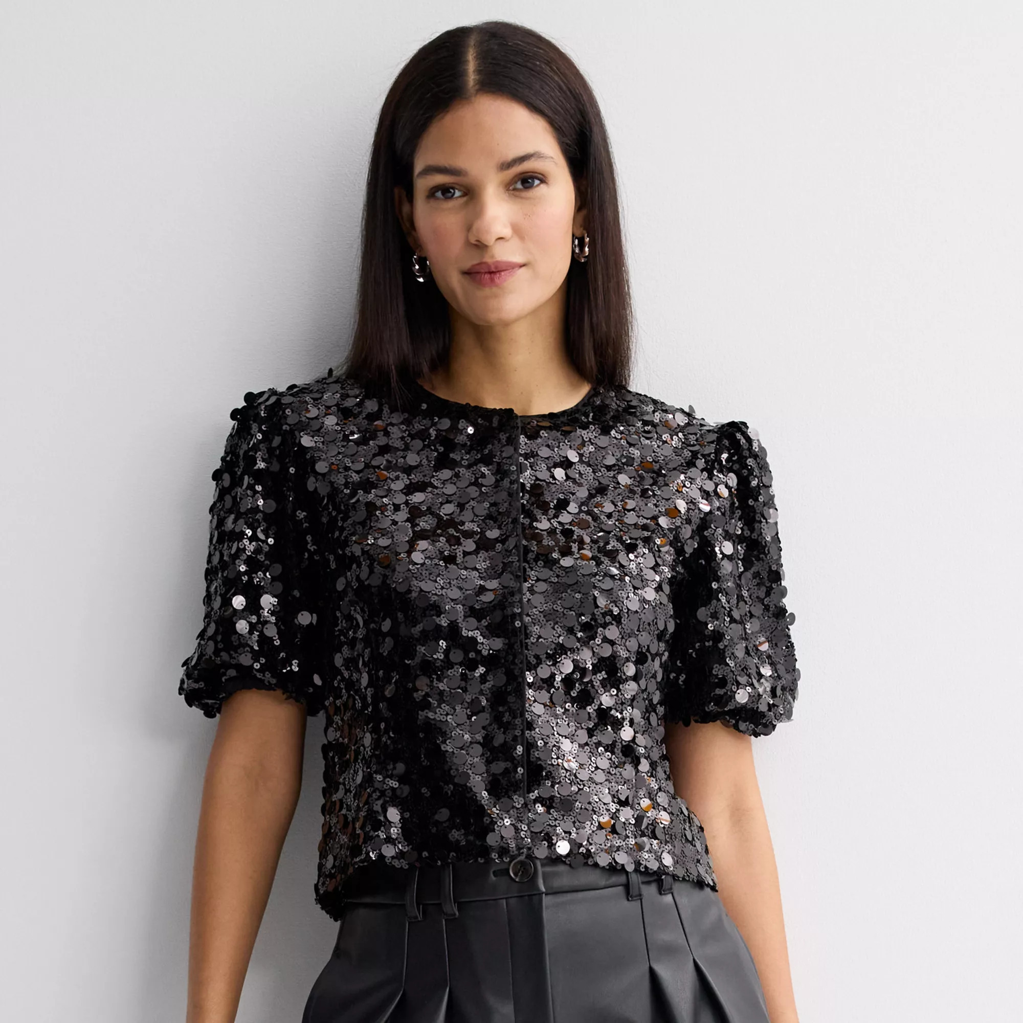 Women's Nine West Cropped Sequin Jacket With Bubble Sleeves, Size: XXL, Mineral Black | Kohl's