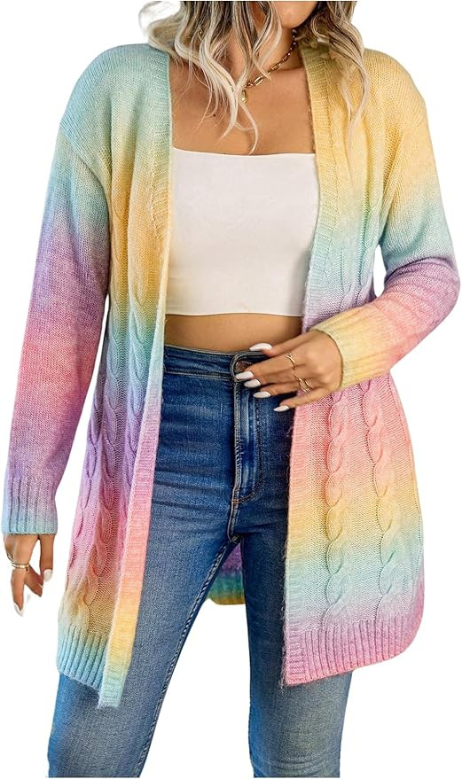 GORGLITTER Women's Plus Size Rainbow Colorful Cardigan Oversized Long Sleeve Cable Knit Cardigan ... | Amazon (US)