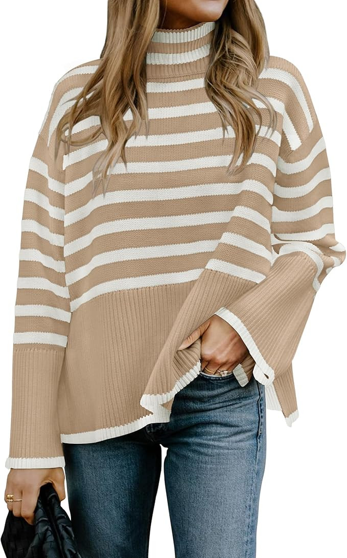 ZESICA Women's 2023 Winter Sweaters Casual Turtleneck Long Sleeve Striped Side Slit Loose Pullove... | Amazon (US)