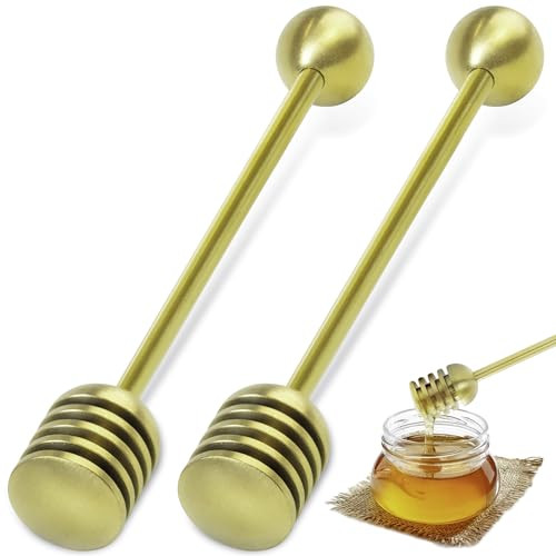 DUGATO Honey and Syrup Dippers, 2pcs 6.3 Inch 304 Stainless Steel Honeycomb Stick Spoon Stirrer Server for Honey Pot Jar Containers (Gold) | Amazon (US)
