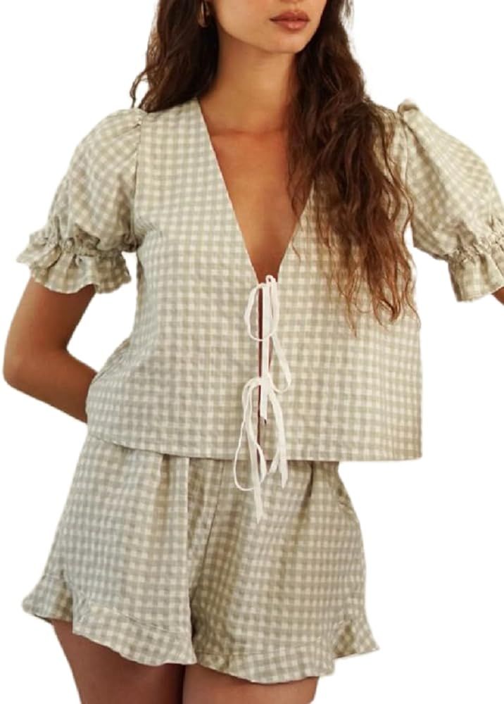 Juakoso Women Cute Plaid Pajama Set Puff Short Sleeve Tie Front Babydoll Blouse Tops Ruffle Hem S... | Amazon (US)