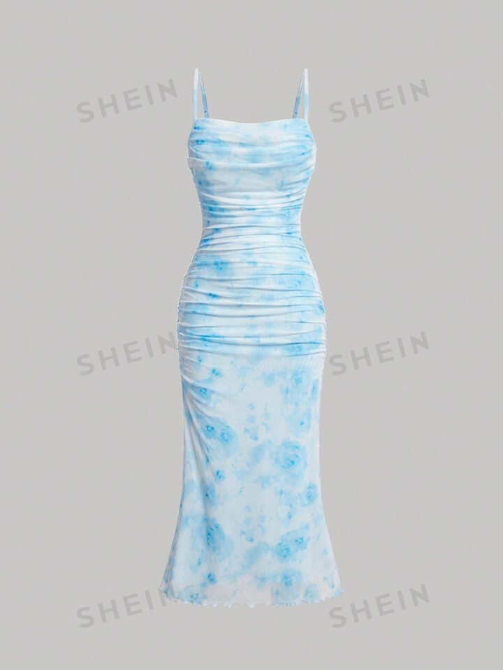 SHEIN MOD Floral Print Ruched Mesh Cami Dress | SHEIN