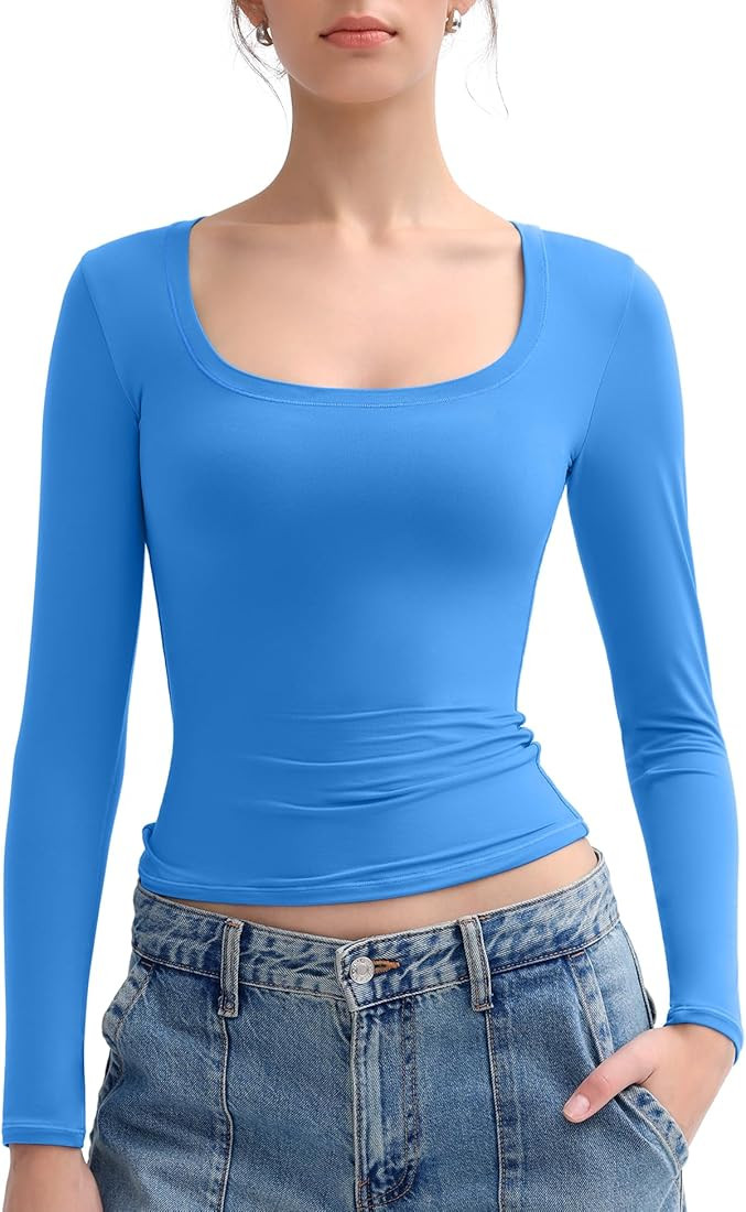 PUMIEY Women's Long Sleeve T Shirts Scoop Neck Slim Fit Going Out Tops Double Lined Basic Tee Smo... | Amazon (US)