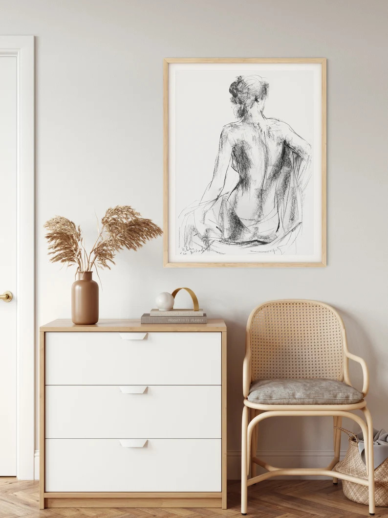 Nude Sketch Art Print, Black and White Charcoal Drawing, Woman Silhouette Sketch, Female Figure P... | Etsy (US)