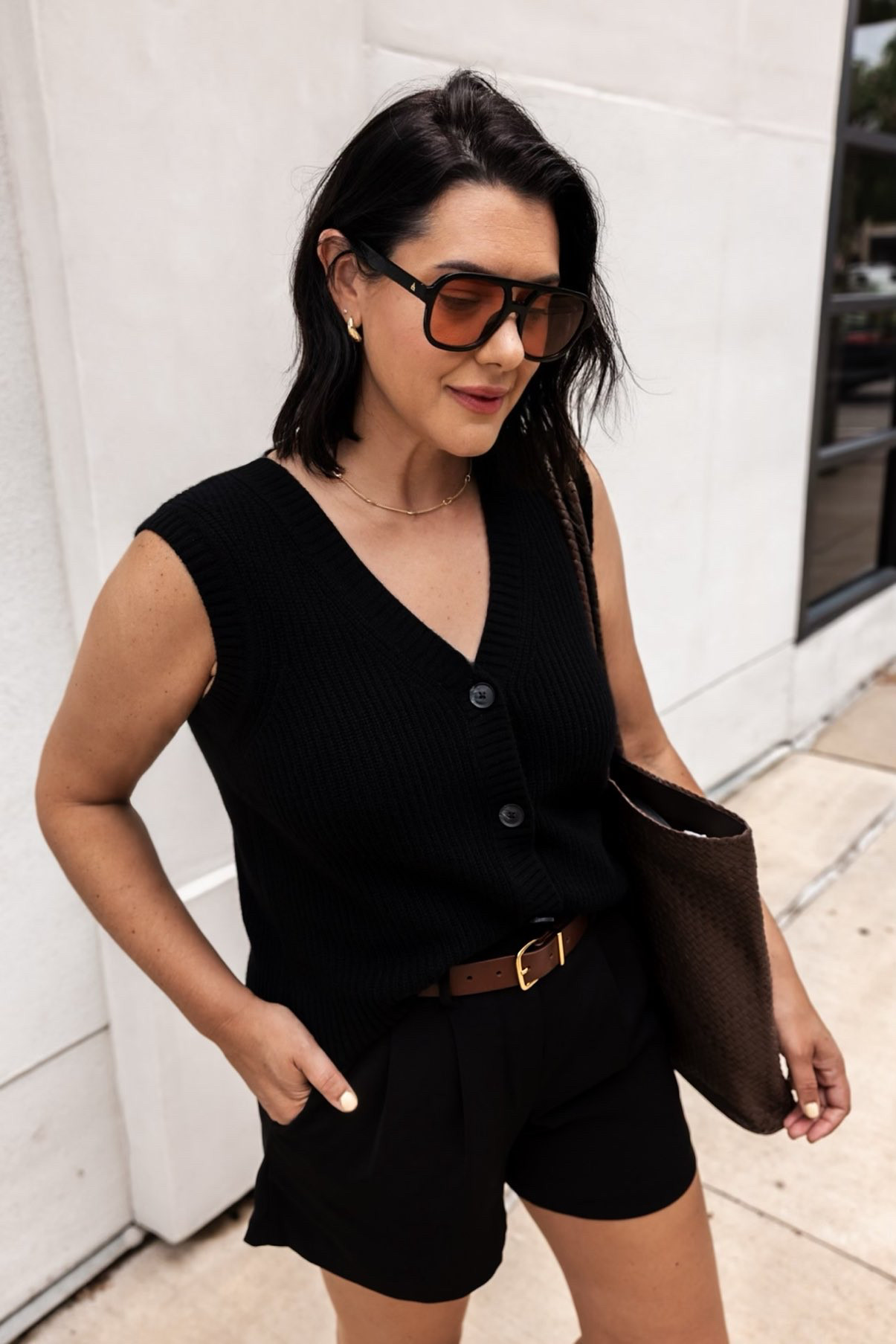 a sweater in summer seems wild but I promise this one somehow works! Plus you're just getting a head start on fall!

I'm in the medium and it's PLENTY roomy in here! I'm in the 10 of the shorts and highly recommend a size up if the waist is a sizing issue for you.  
@onequince #quincepartner
 