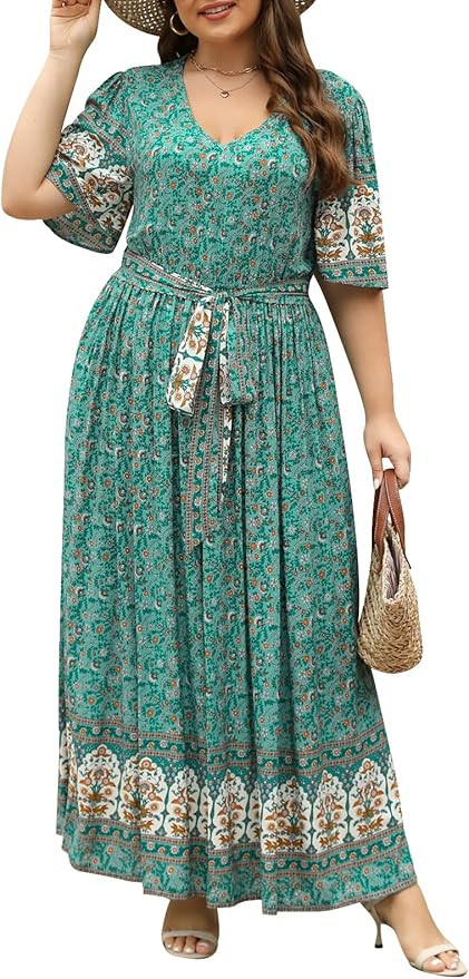 Nemidor Womens Plus Size Boho Floral Positioning Print Casual Flared Maxi Dress with Pocket NEM42... | Amazon (US)