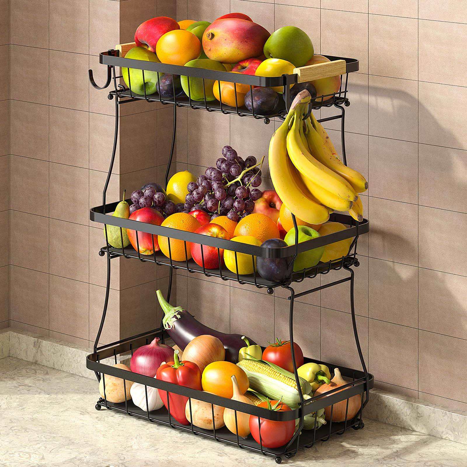 3 Tier Fruit Basket for Kitchen Counter with 2 Mobile Banana Hangers, 2025 Pro Detachable Metal F... | Amazon (US)