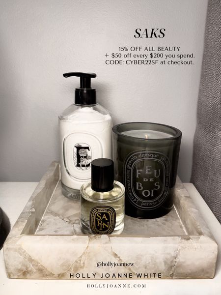 SAKS Fifth Avenue Cyber Week sale! Save $50 off every $200 and 15% off beauty! Code: CYBER23SF | Holiday outfits, winter coats and more! Follow @hollyjoannew for style and beauty inspo and sales! Glad you’re here babe! Xx

Diptyque Feu De Bois Firewood Candle 
Diptyque Sapin Pine Tree Room Spray
Diptyque E Luxury Hand Cream 
Pottery Barn Quartz Catchall Tray
Gift Ideas | Christmas Gifts | Luxury Home | Luxury Beauty 

#LTKCyberWeek #LTKsalealert #LTKGiftGuide