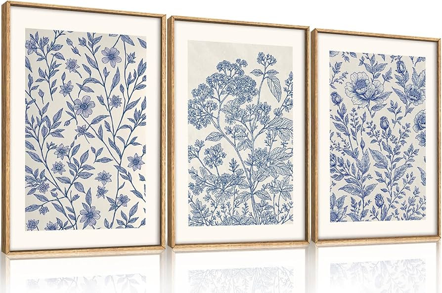 Large Classic Chinoiserie Flower Framed Canvas Wall Art Set,Minimalist Blue and White Floral Wall... | Amazon (US)