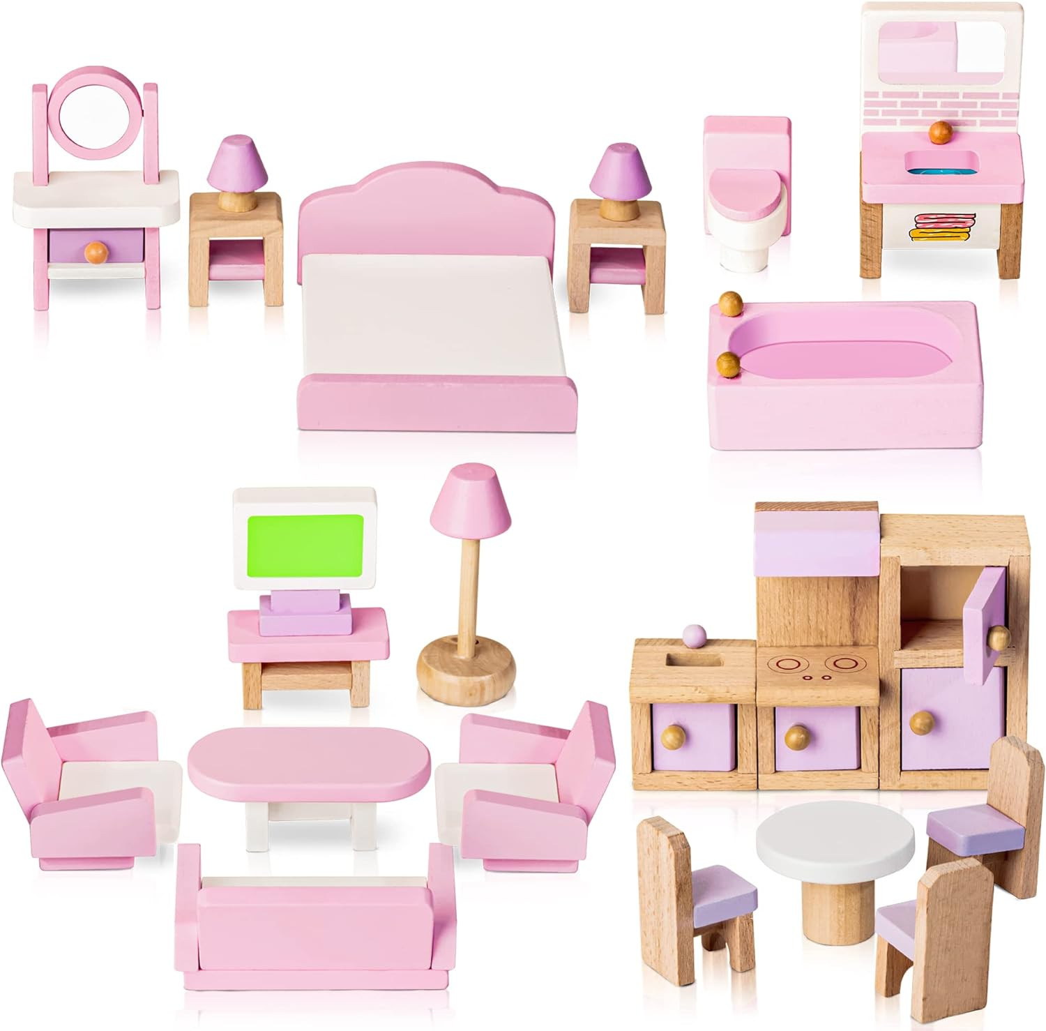 Wooden Dollhouse Furniture Set, 22 Pcs Miniature Dollhouse Accessories Including 5 Room Kits, Lit... | Amazon (US)