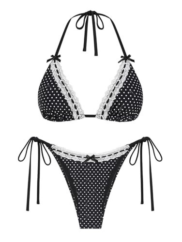 seamoly Vintage Polka Dots Print Lace Trim Bowknot Decor Halter Triangle Tie Side Bikini Set,Black,S | Amazon (US)