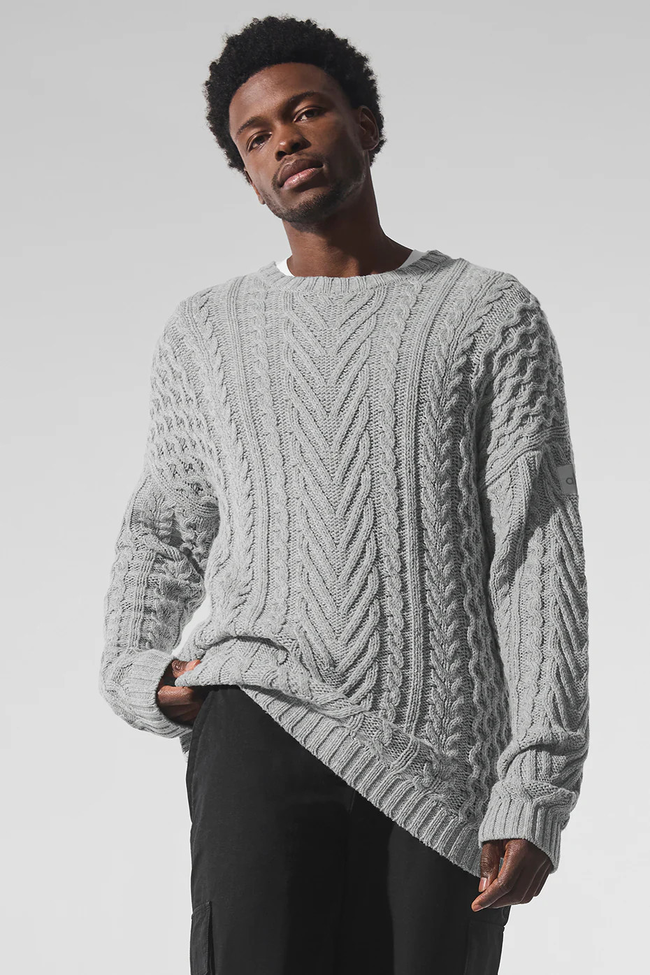 ALO | Cable Knit Crewneck Neck Sweater Top in Athletic Heather Grey, Size: Small | Alo Yoga (US)