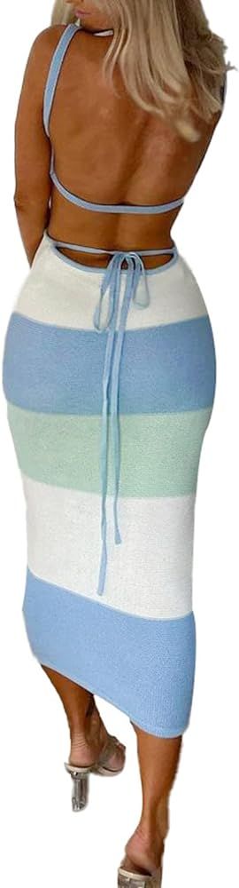 NUFIWI Women Hollow Out Backless Maxi Dress Knitted Spaghetti Strap Bandage Long Dresses Low Cut ... | Amazon (US)