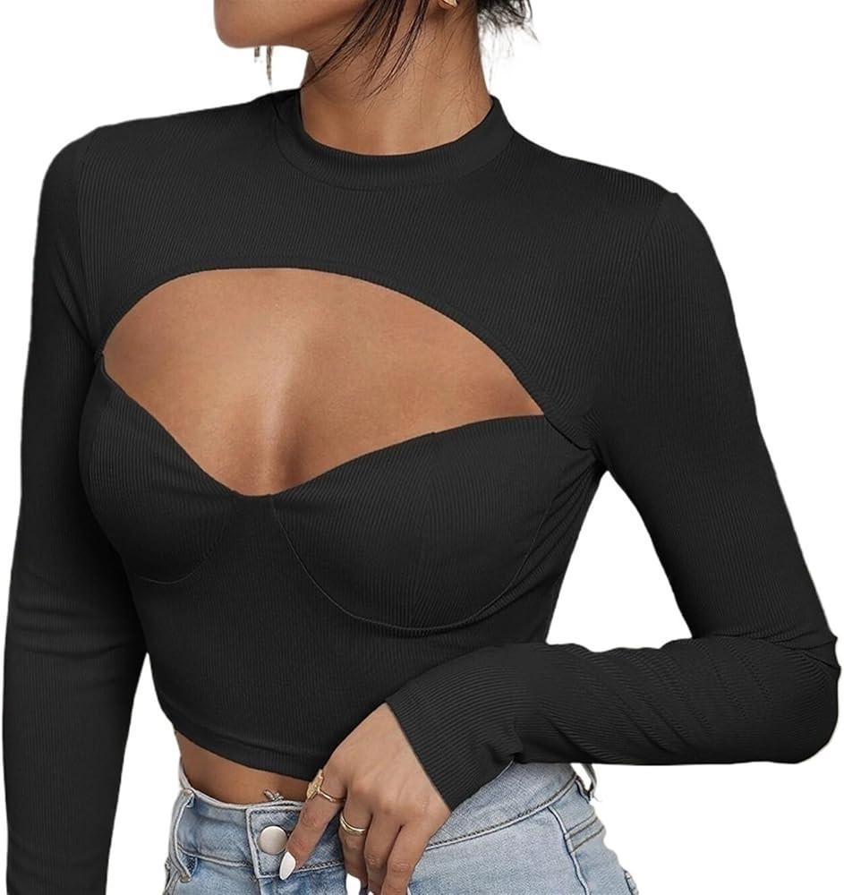 T-Shirts for Womens Tops Slim Hollow Chest Cup Type Short High Neck Long Sleeve Ladies T-shirt To... | Amazon (US)