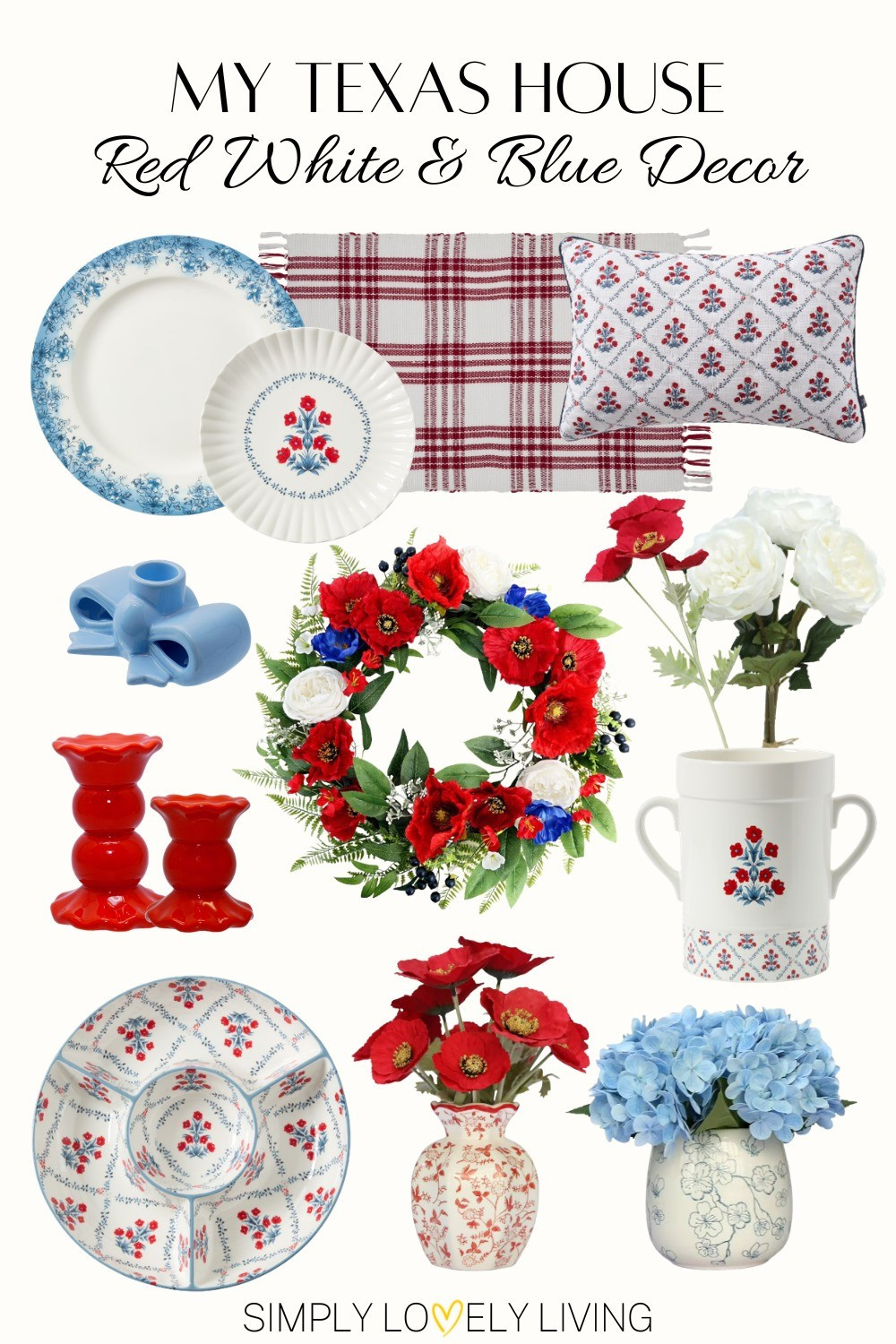 Red white and blue decor at Walmart. Perfect for Memorial Day and 4th of July decor! Summer decor. Blue bow candle holder. Red taper candle holders. Poppy flowers. Serveware. Floral vase. Fringe rug. Red and white stripes rug. Floral throw pillow. Decorative plates. #redwhiteandblue #summerdecor

#LTKSeasonal #LTKHome