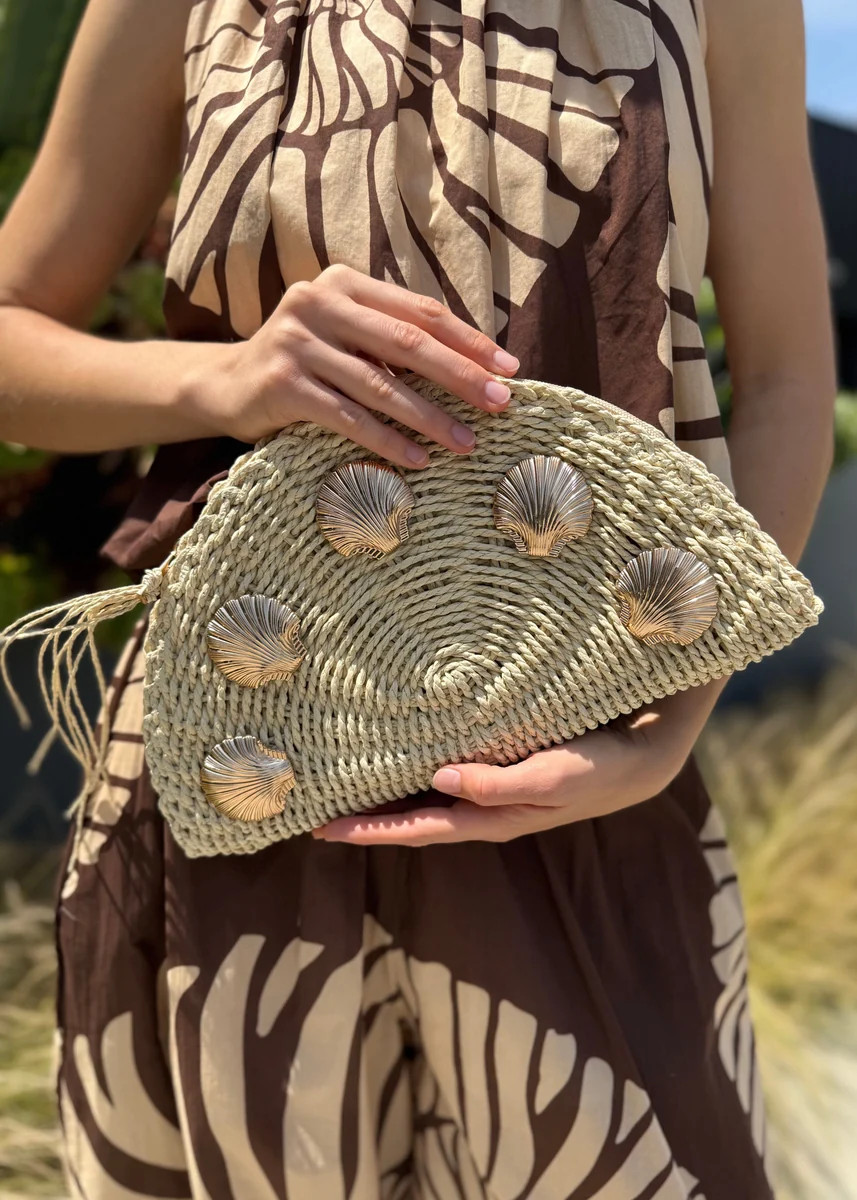 Helen Straw Half-Moon Clutch with Shell Embellishments | Benaar La