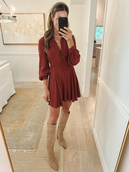 Loving this H&M fall shirt dress and the fit! Runs a tad small. This is xs. Ruching on the sides flirty skirt. Paired with suede tan slightly western knee boot & padded headband. Would be great for a football game. Comes in this color and a black and white print. Fall dress. Fall outfit 

#LTKfindsunder100 #LTKfindsunder50 #LTKstyletip