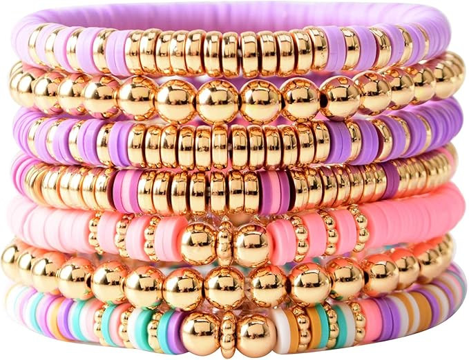 GOOJIDS Surfer Heishi Clay Bead Bracelets for Women Bohemian Stackable Evil Eye Vinyl Disc Beaded... | Amazon (US)