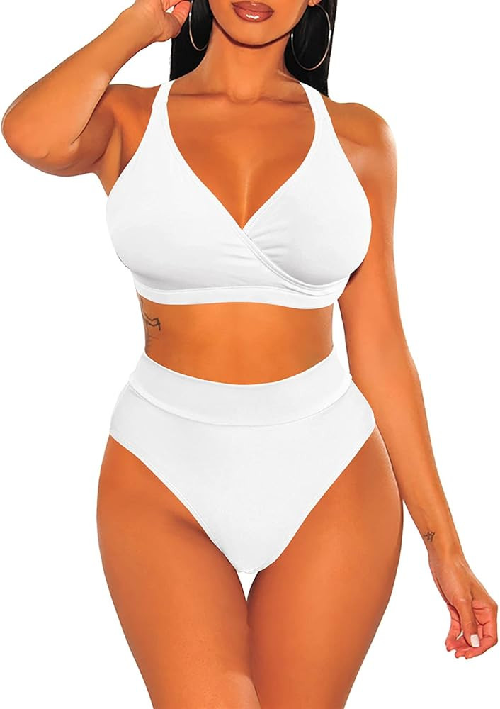 Pink Queen Women's V Neck High Waisted Bikini Set High Cut Two Piece Swimsuit Bathing Suit | Amazon (US)