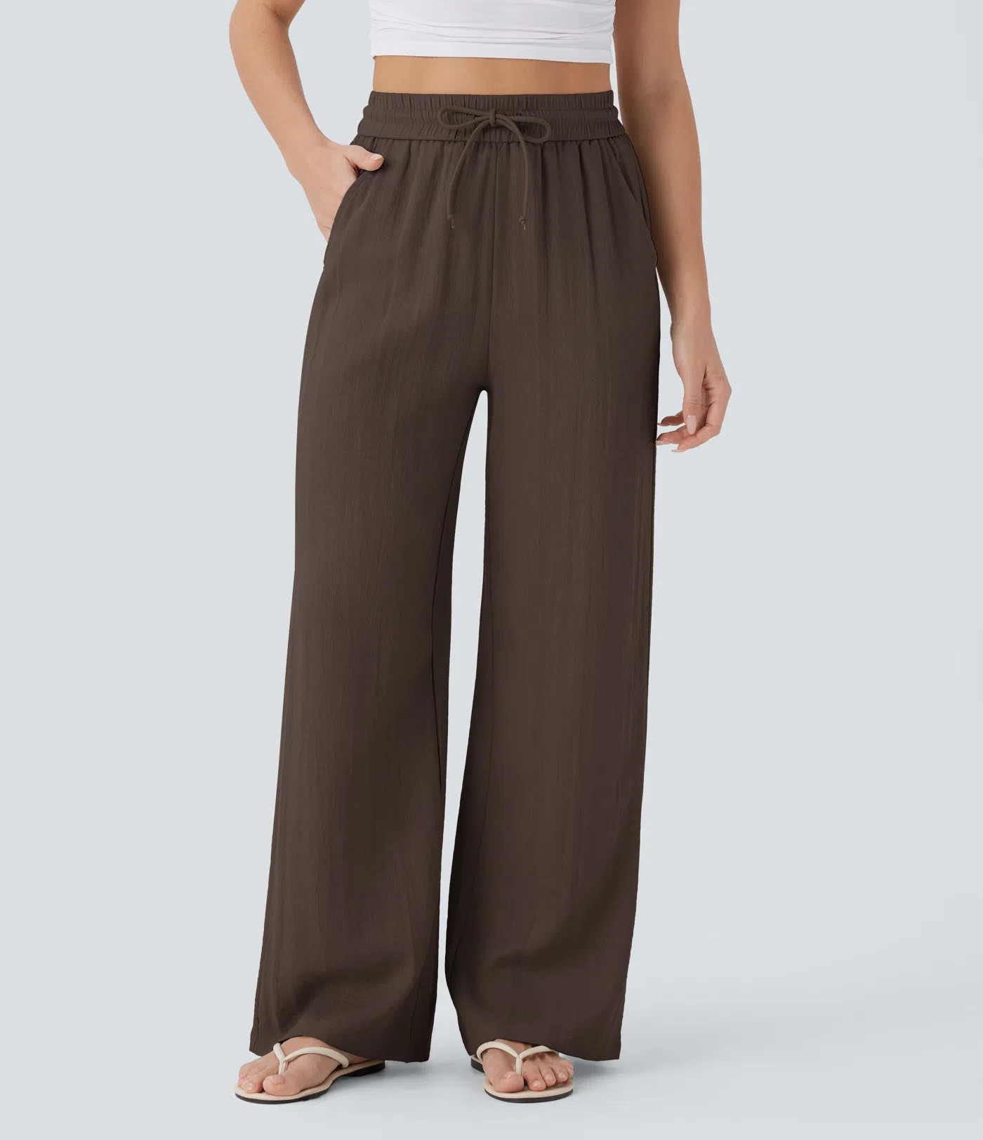 Women’s High Waisted Drawstring Pocket Wide Leg Baggy Casual Linen-Feel Pants - Halara | HALARA