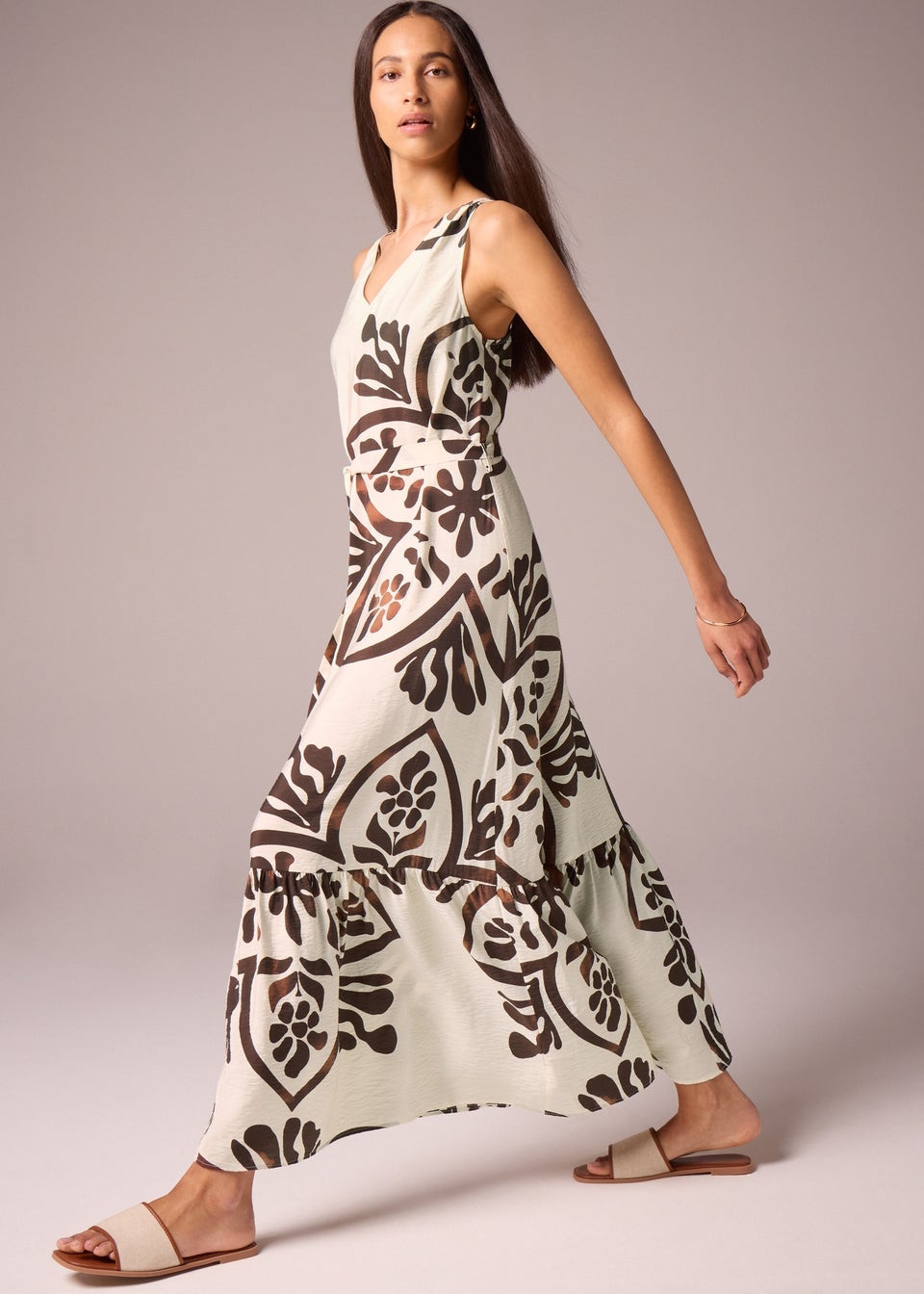Brown Abstract Leaf Pattern Tie Waist Maxi Dress | Matalan (UK)