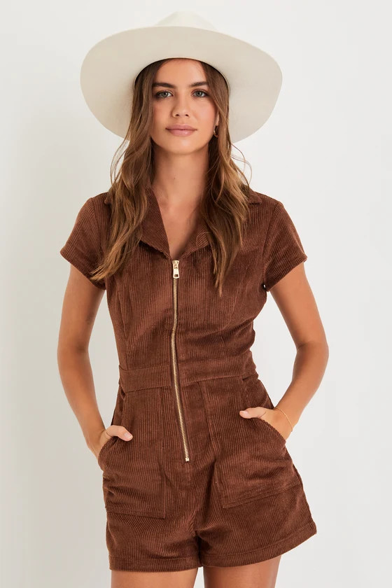 Autumn Essence Brown Corduroy Short Sleeve Romper | Lulus (US)
