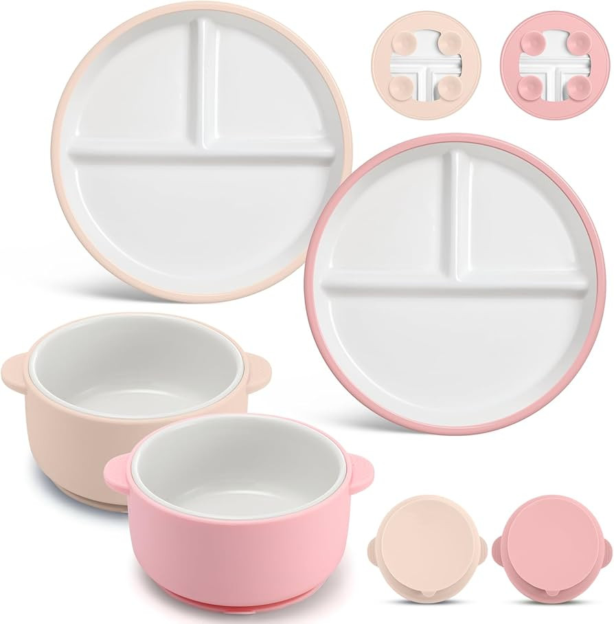 Domensi 4 Pcs Porcelain Kids Plates and Bowls Sets with Suction, 2 Ceramic Toddler Divided Plates... | Amazon (US)