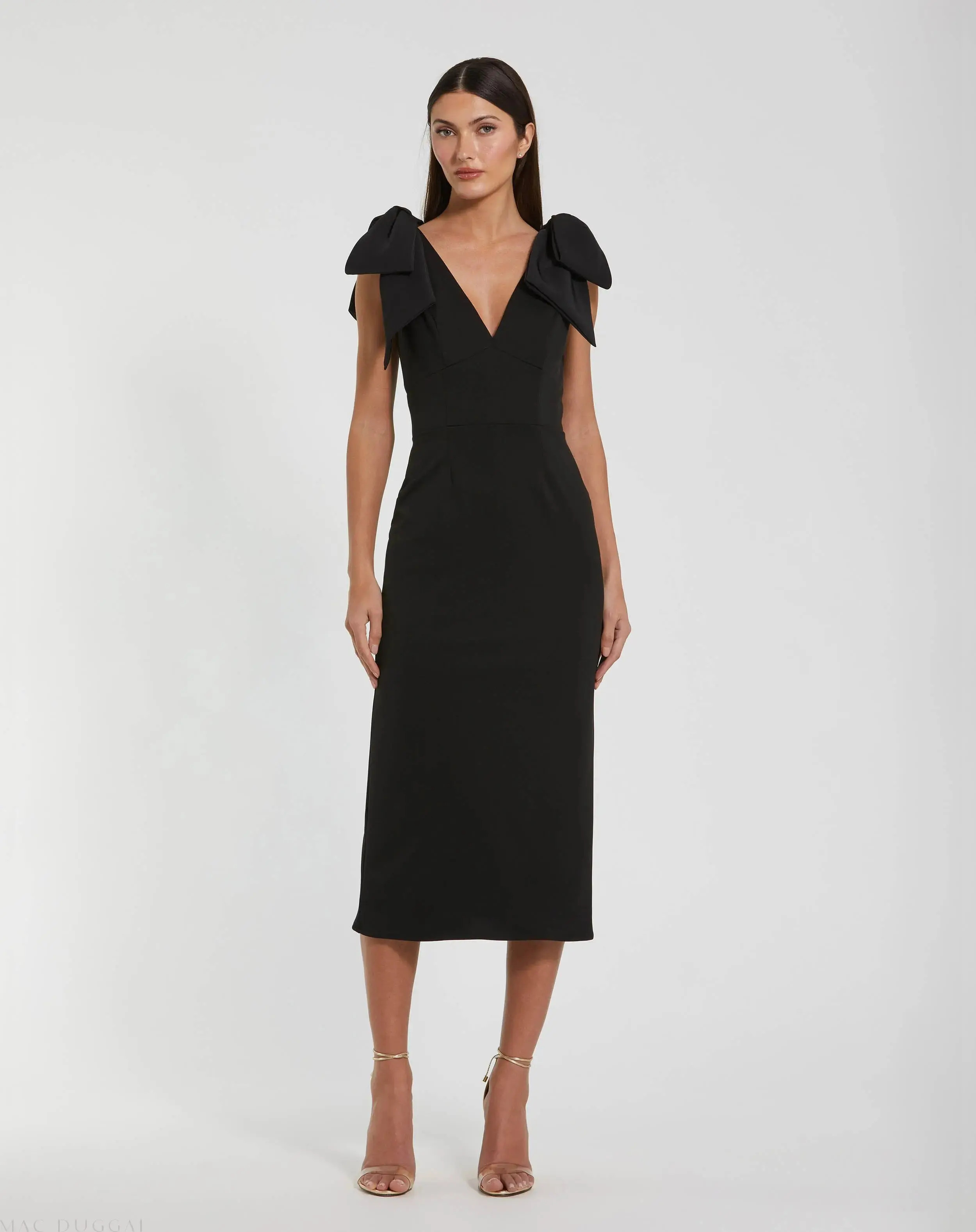 Black Bow Strap Crepe Fitted Midi Dress | Mac Duggal | Mac Duggal